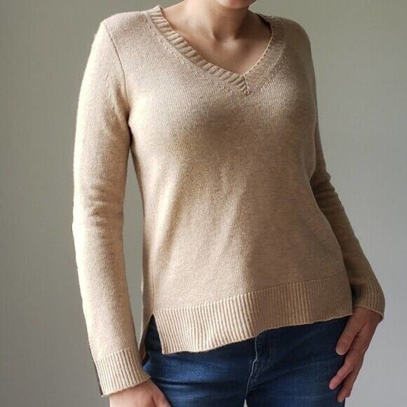 J. Crew Womens Sweater Size XS Tan Wool Cashmere Blend Leather Trim Pullover - Picture 1 of 14